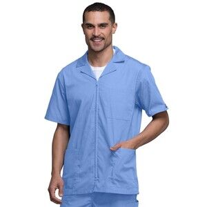 Cherokee Mens Med Zip Front Jacket Traditional Fit Collar Shirt Scrub Ciel Blue